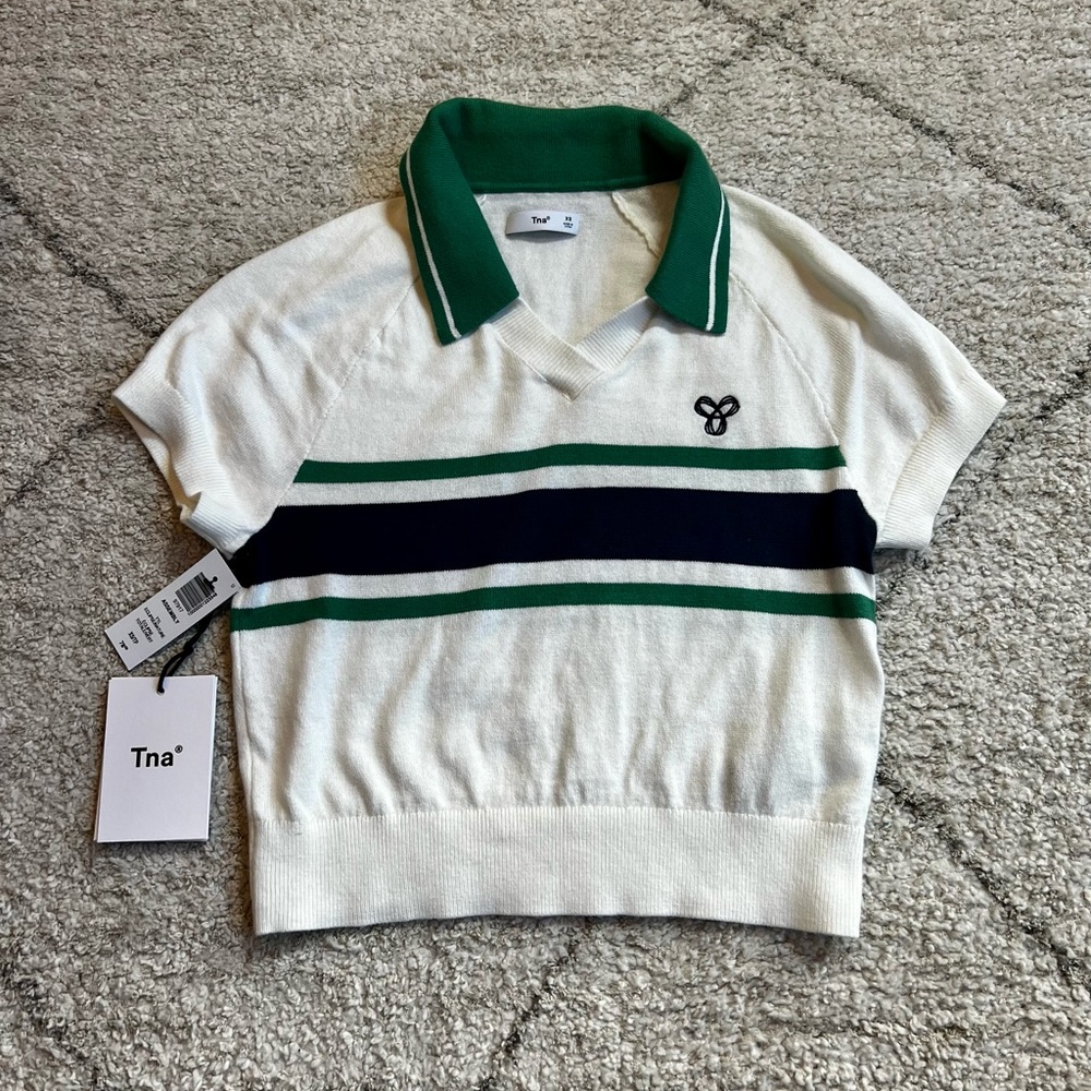 NWT Aritzia Tna Cropped V-neck Polo Sweater wITH Green and Navy Detailing - XS